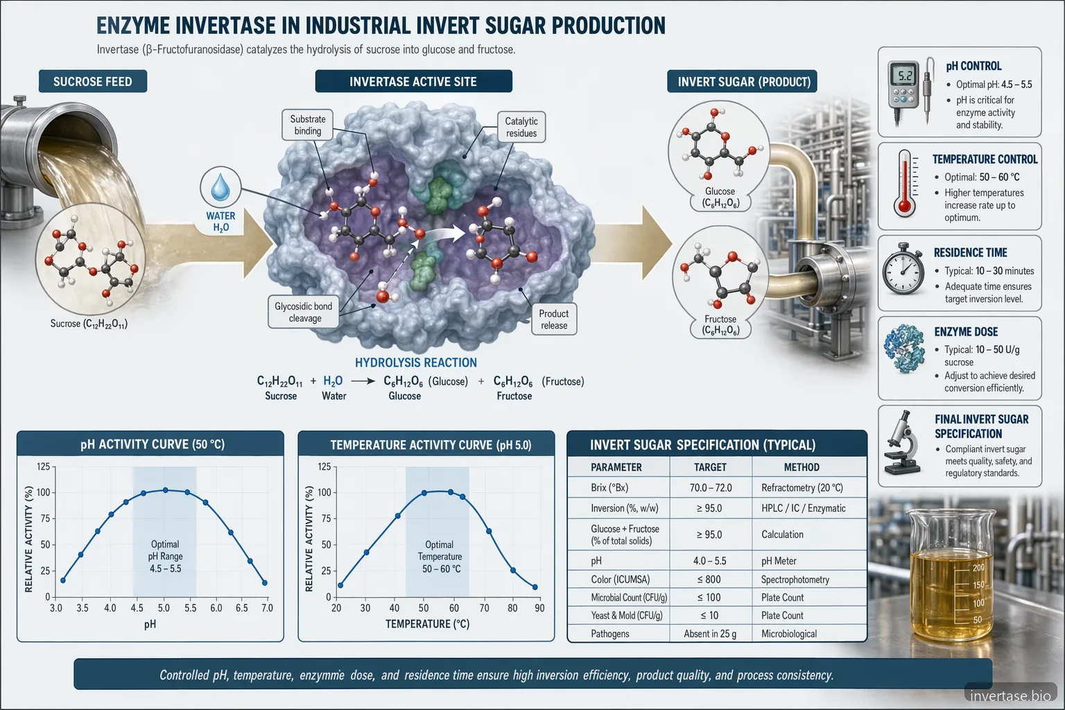 invertase-invert sugar -tuotannon kaavio, jossa sucrose hydrolysoituu glucoseksi ja fructoseksi pH- ja lämpötilakontrolleilla