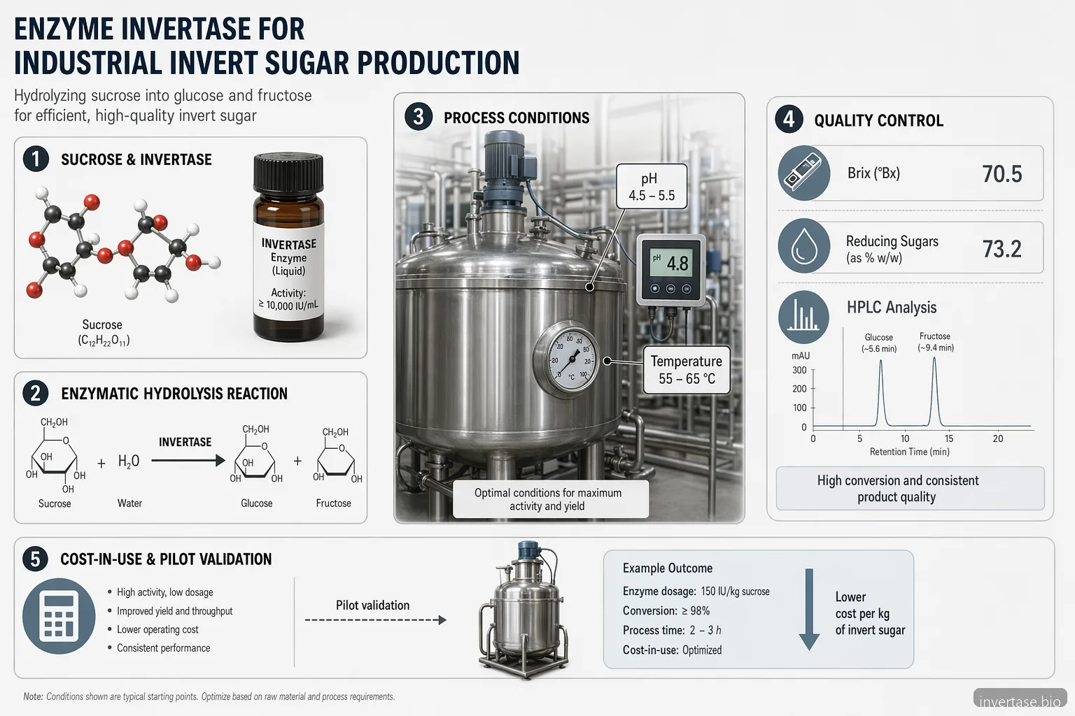 invertase-teollisuuden invert sugar -tuotannon infografiikka, jossa näkyvät hydrolyysi, prosessiohjaus, QC ja kustannustarkastukset