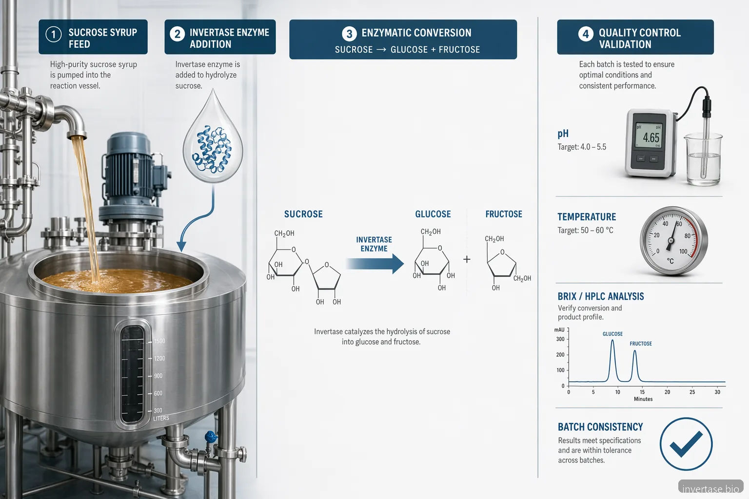 Hydrolysis of sucrose by invertase i industriel invert sugar, med enzymomdannelse, proceskontrol og QC-checks