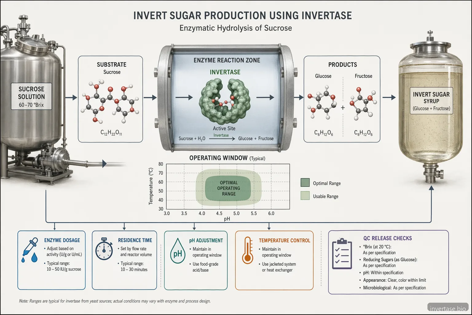invert sugar gyártási diagram, a szacharóz invertase enzimes hidrolízise glükózra és fruktózra pH- és hőmérséklet-szabályozással