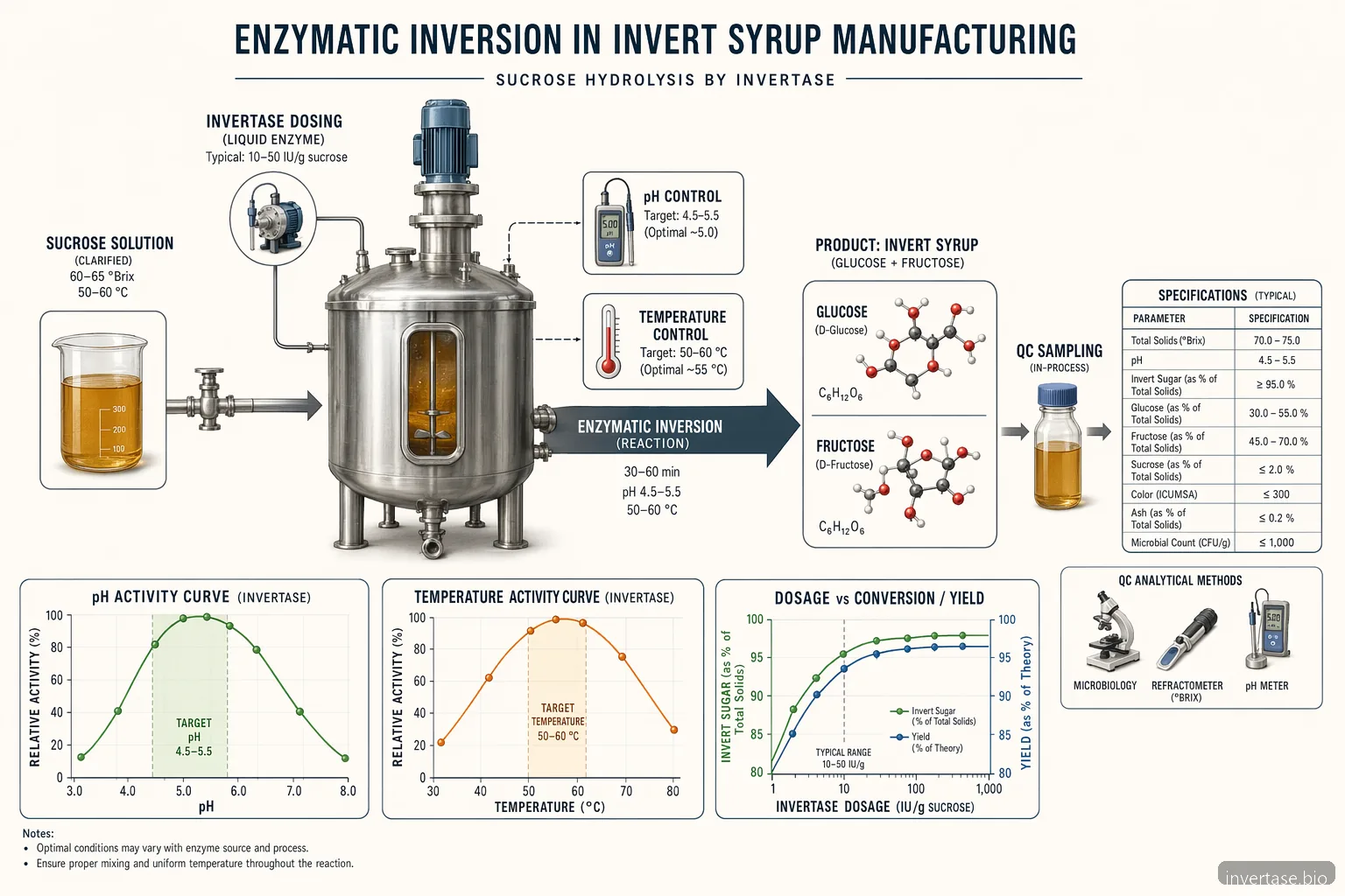 Sơ đồ quy trình invert syrup, theo dõi sucrose inversion qua các điểm kiểm soát pH, nhiệt độ, liều lượng và QC