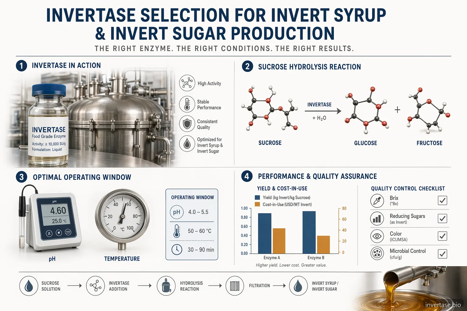 Hướng dẫn nhà cung cấp invert syrup, nêu thông số enzyme, cửa sổ quy trình, kiểm tra QC và yếu tố chi phí sử dụng