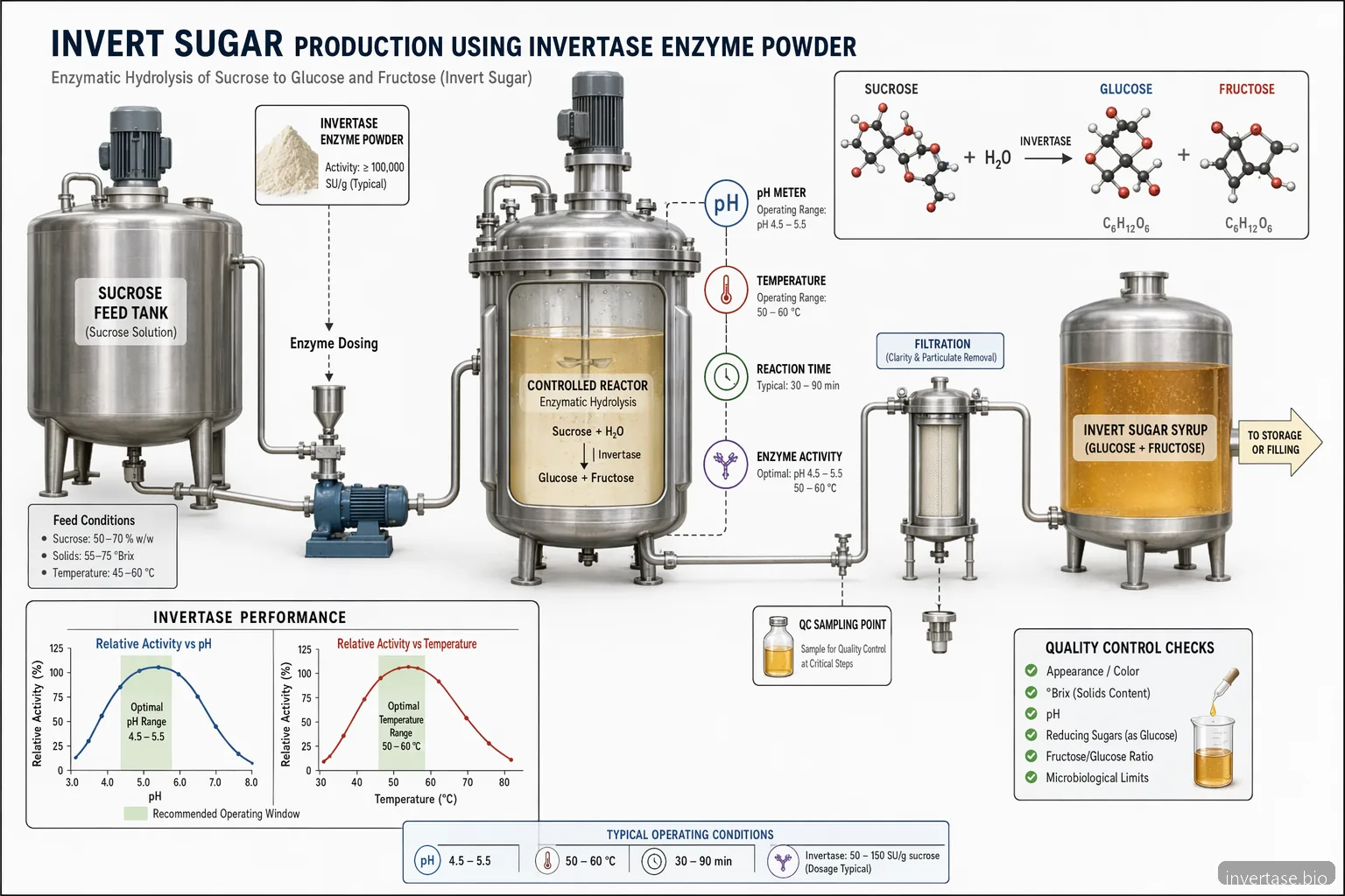 procesconditiesdiagram van invertase enzyme powder met reactie van sucrose naar invert sugar, pH, temperatuur en QC-controlepunten