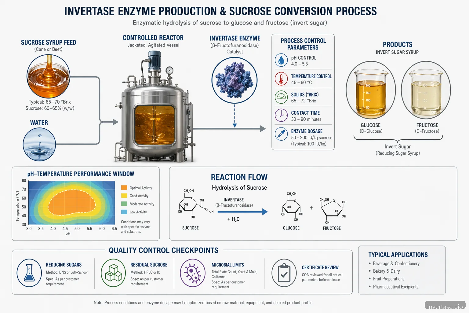 diagram proses produksi invertase enzyme dengan konversi sukrosa, jendela pH-suhu, dan titik cek QC