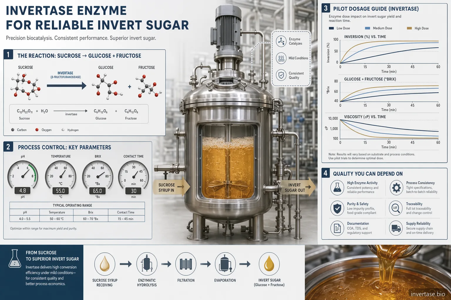 produksi invertase enzyme untuk invert sugar yang stabil, menampilkan pH, suhu, Brix, dosis, dan kontrol QC