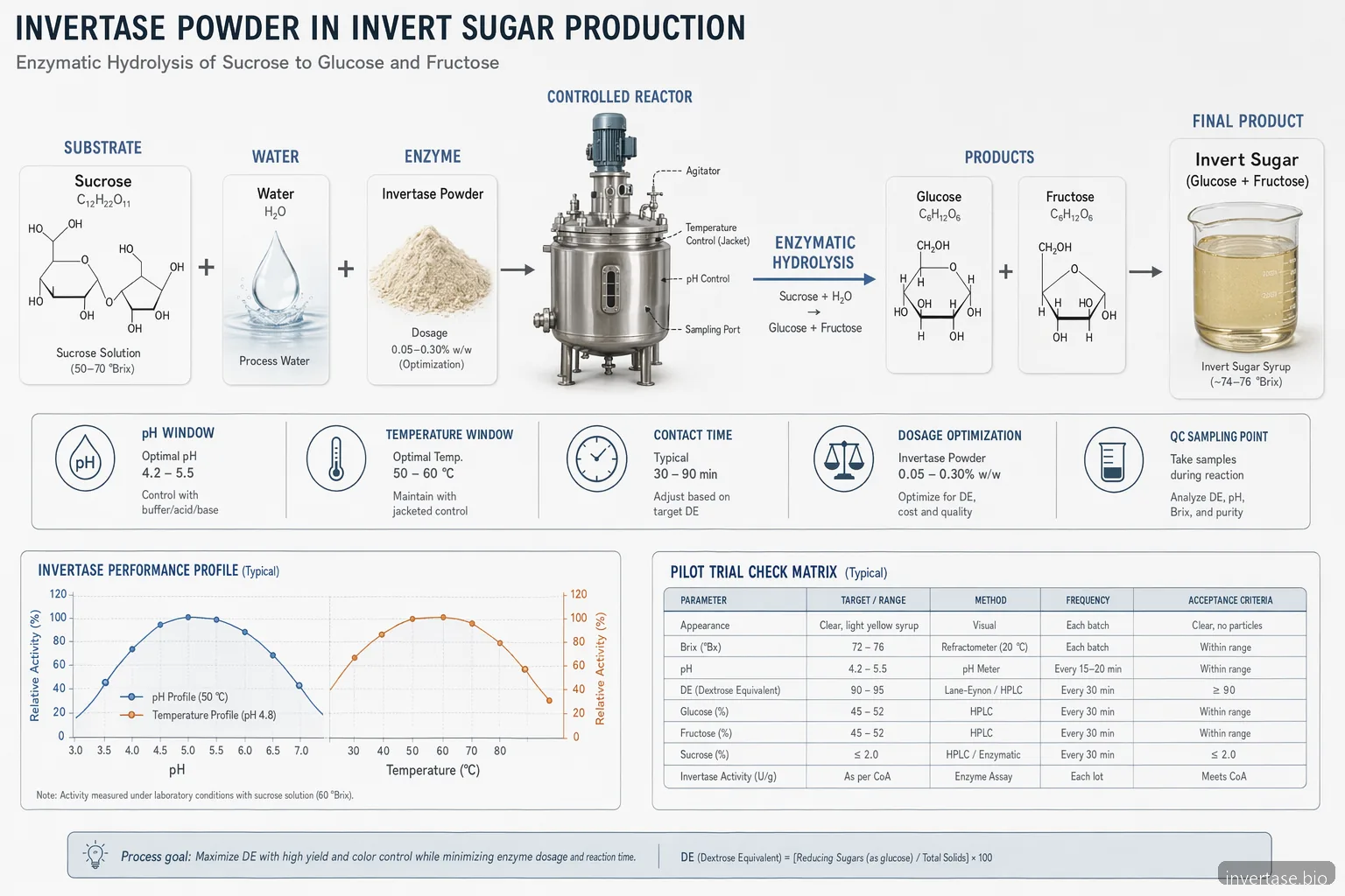 Diagrama de proceso de invertase powder para invert sugar, mapeando la hidrólisis de sucrose en glucose y fructose con controles