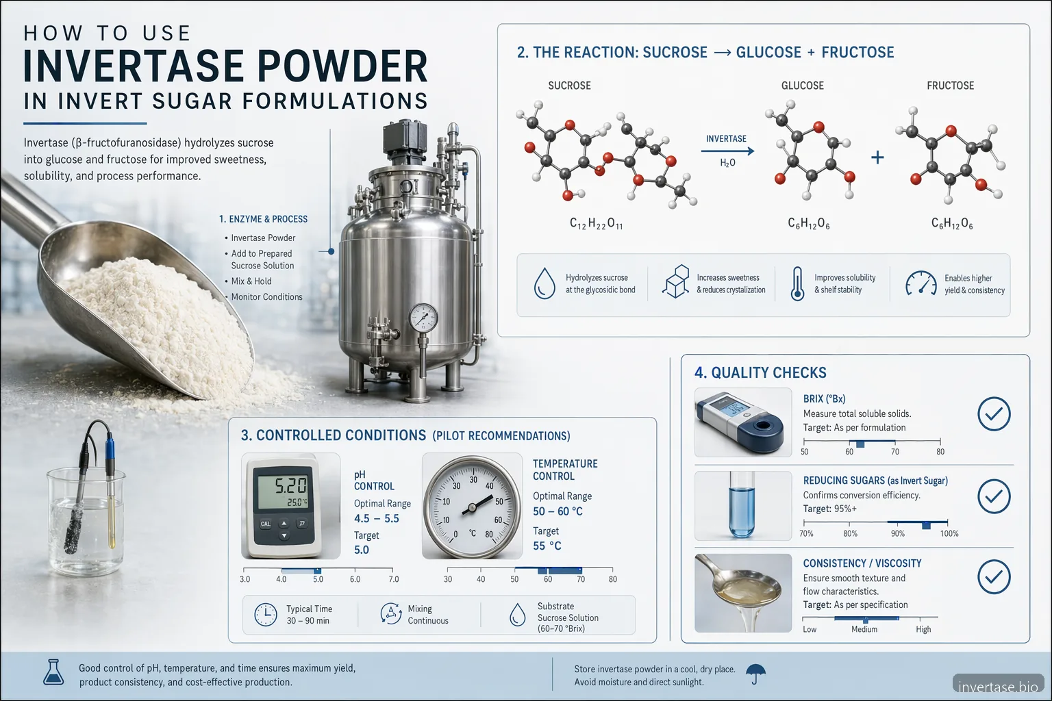 Uso de invertase powder en formulaciones de invert sugar, mostrando dosificación de enzyme, control de pH, conversión y QC