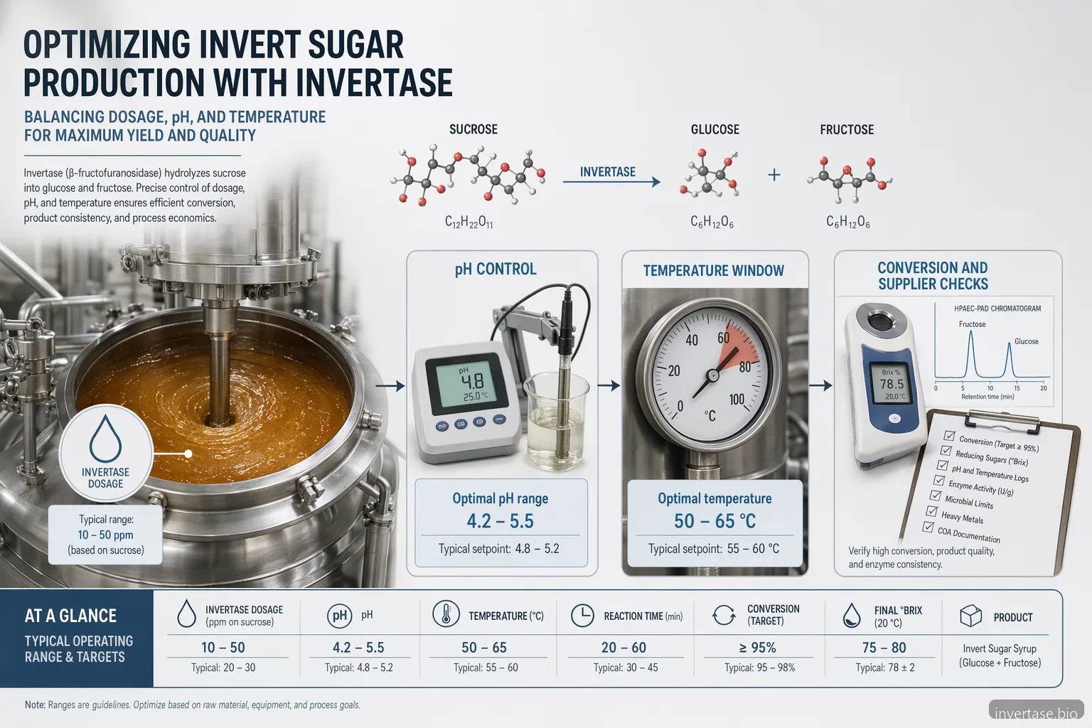 دليل جرعة invertase وpH ودرجة الحرارة مع جرعات enzyme وجهاز قياس pH ومقياس الحرارة وفحص الشراب وقائمة المورد