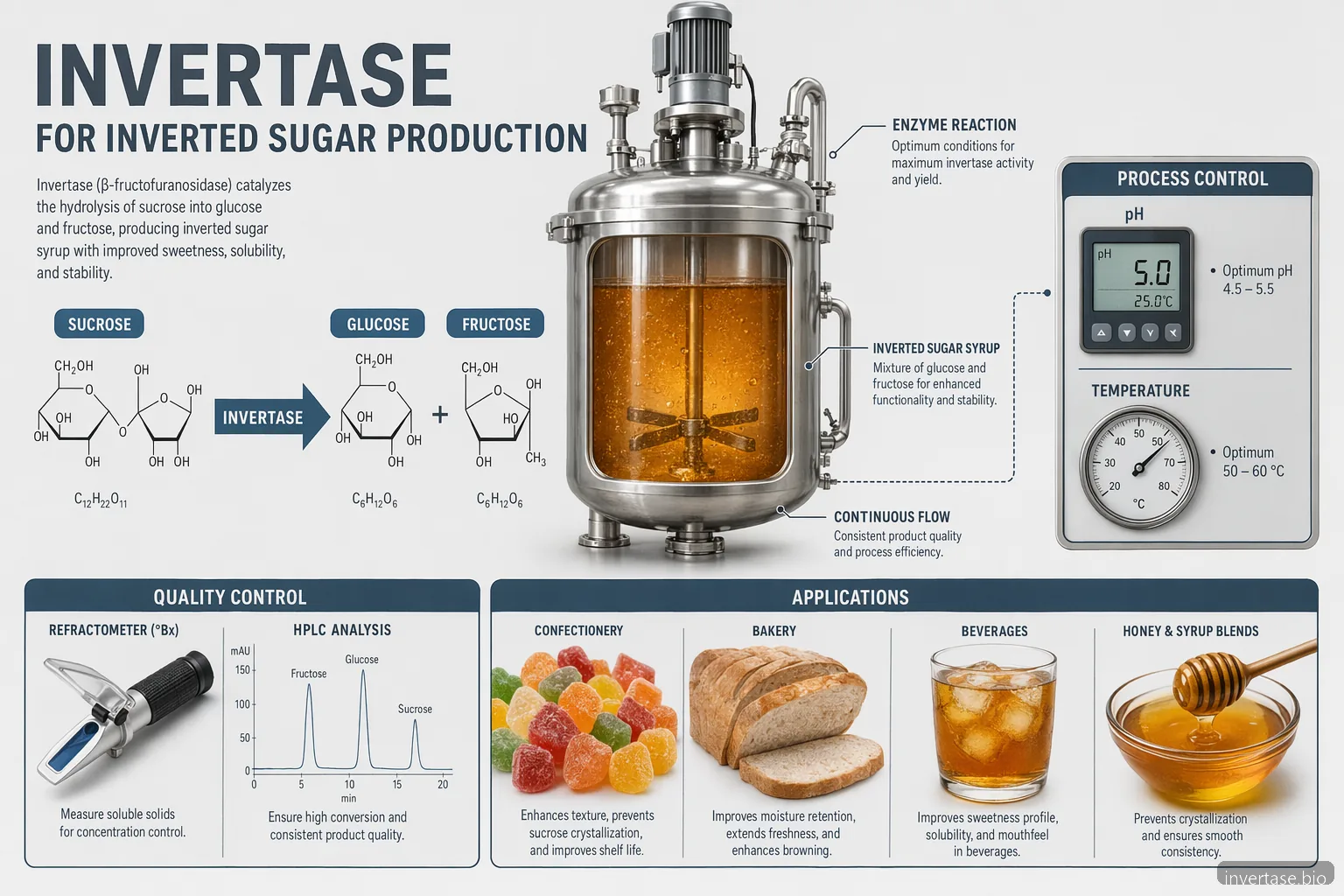 inverted sugar gyártási infografika invertase átalakítással, folyamatkontrollokkal, QC ellenőrzéssel és felhasználásokkal