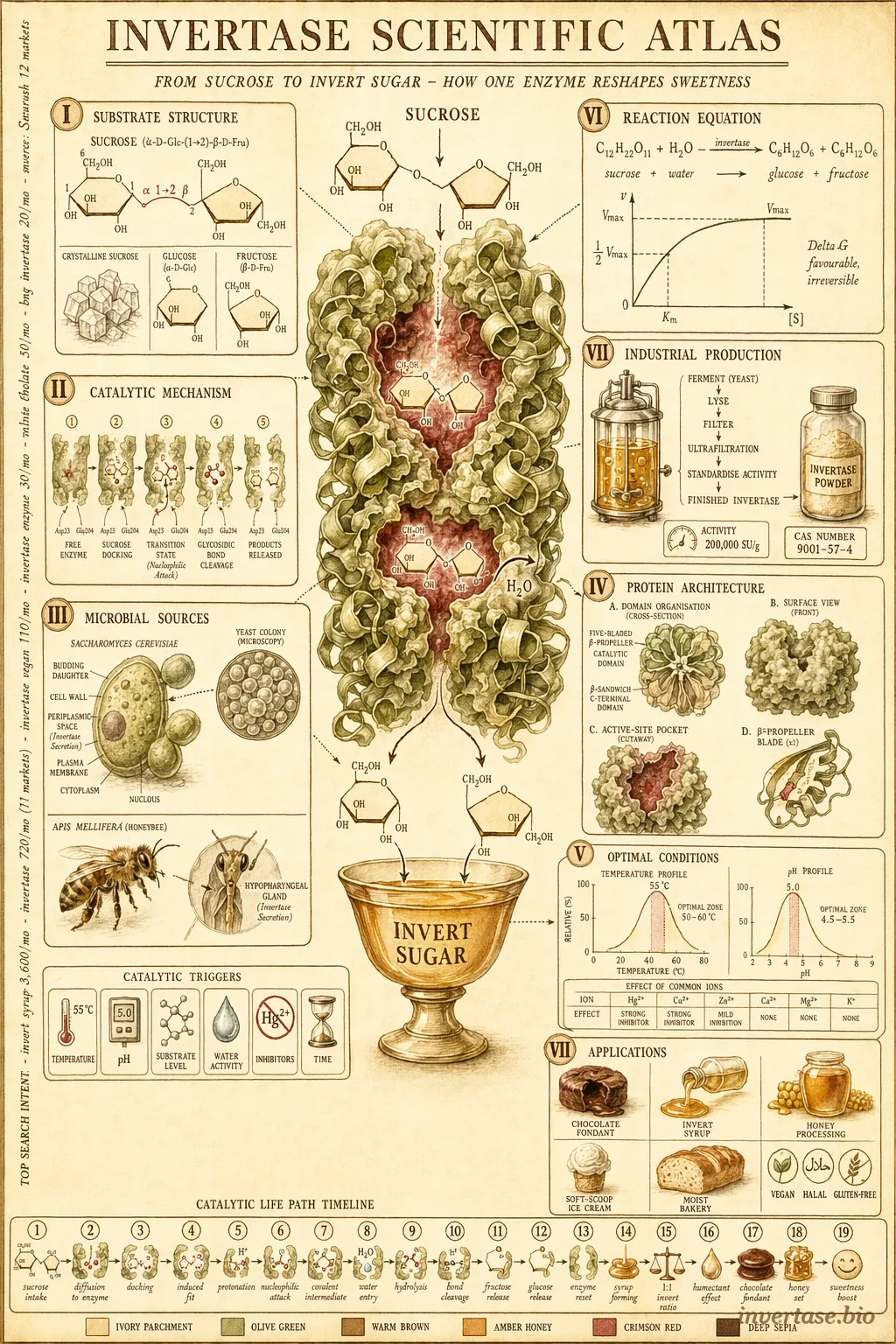 Invertase (Beta-Fructofuranosidase) scientific atlas — bilingual antique plate of sucrose to glucose plus fructose pathway, optimal pH and temperature curves, microbial sources, protein architecture, industrial production flow, and applications grid